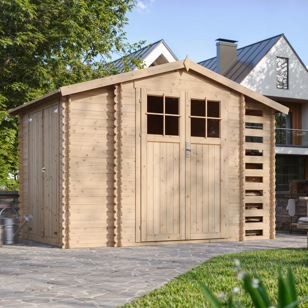 TIMBELA – abri de jardin bois avec range-bûches, 206x328x218 cm, avec sol traité – M389F+M389G