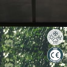 Deux icônes de certification sur fond pluvieux. L'une des icônes représente les flocons de neige et le soleil, l'autre représente le marquage CE