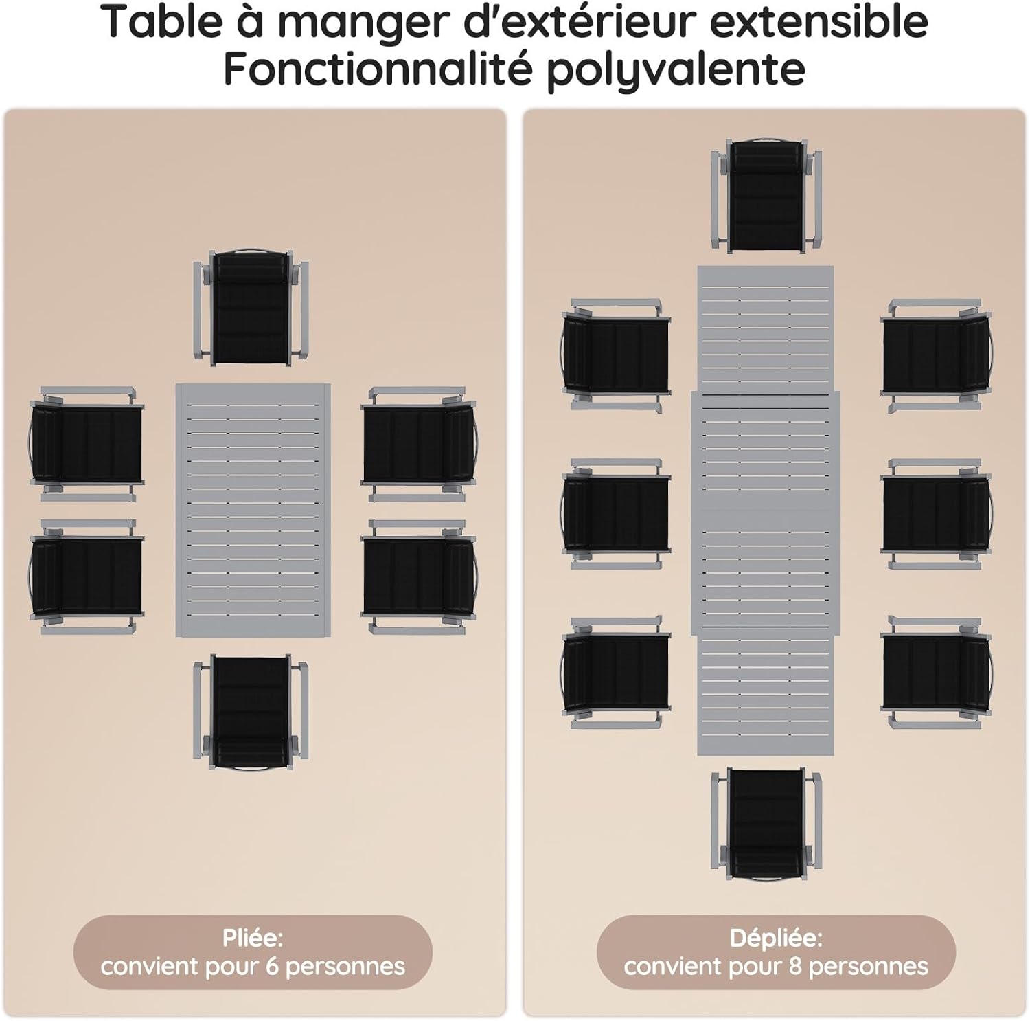 Devoko - Table de jardin extensible - 130/260x80x75 cm - aluminium, résistante intempéries