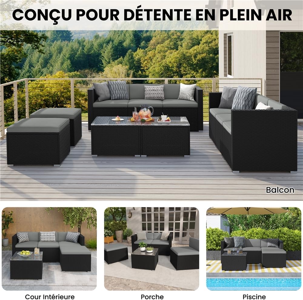 Yaheetech - salon de jardin 4 personnes - polyrotin, modulable, 5 pièces
