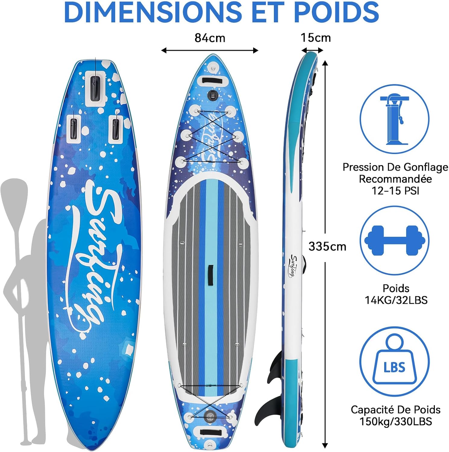 YU YUSING - Paddle gonflable 320/335cm - 2 personnes, siège kayak, jusqu'à 150kg