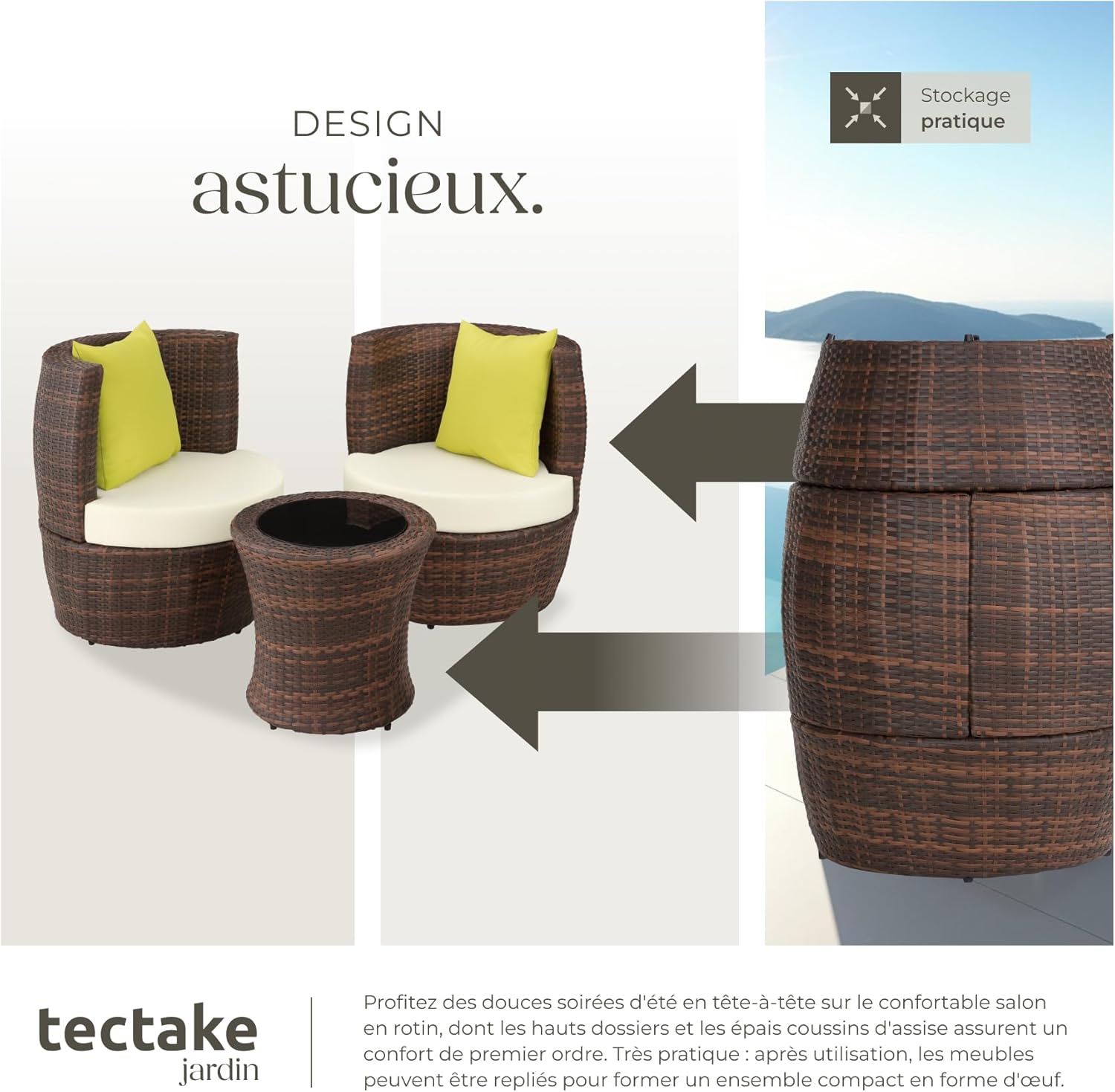 tectake - Salon de jardin 2 places - aluminium & rotin, coussins, pot, balcon
