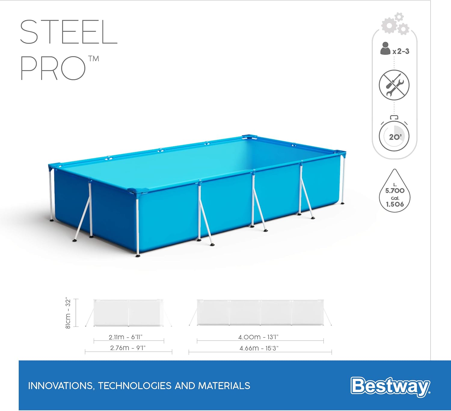 Bestway – Steel Pro – Piscine rectangulaire pour Enfant – avec Cadre en Acier et Pompe filtrante Piscine pour Enfant. 400 x 211 x 81 cm Bleu