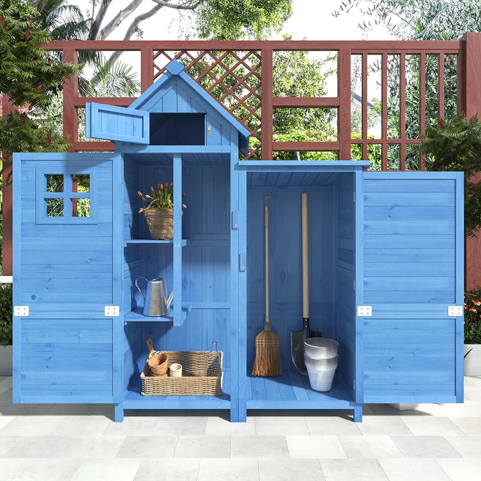 Merax - abri de jardin bois 118x54x173cm, 2 portes, toit PVC, bleu