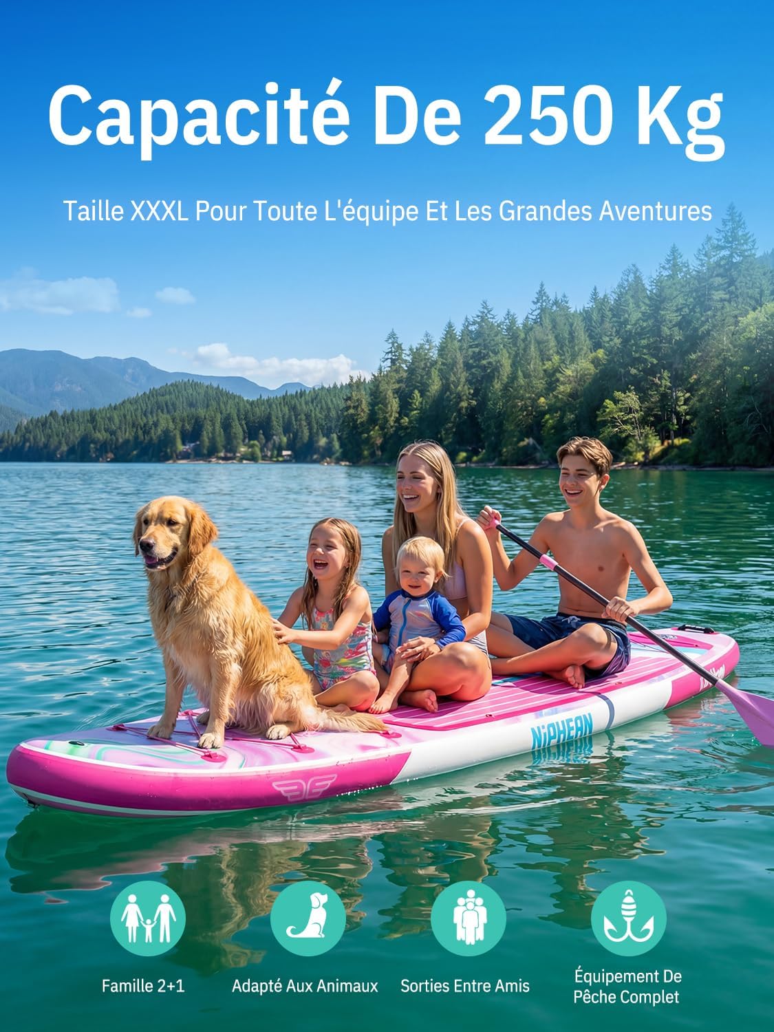 Niphean Extra Large Paddle Gonflable, Sup à 2+1 Personnes/Famille, Planches de Stand Up Paddle Gonflables avec (Idéal Débutant) Aileron Équilibré, Housse Étanche, Paddle Gonflable Adulte, Cadeaux