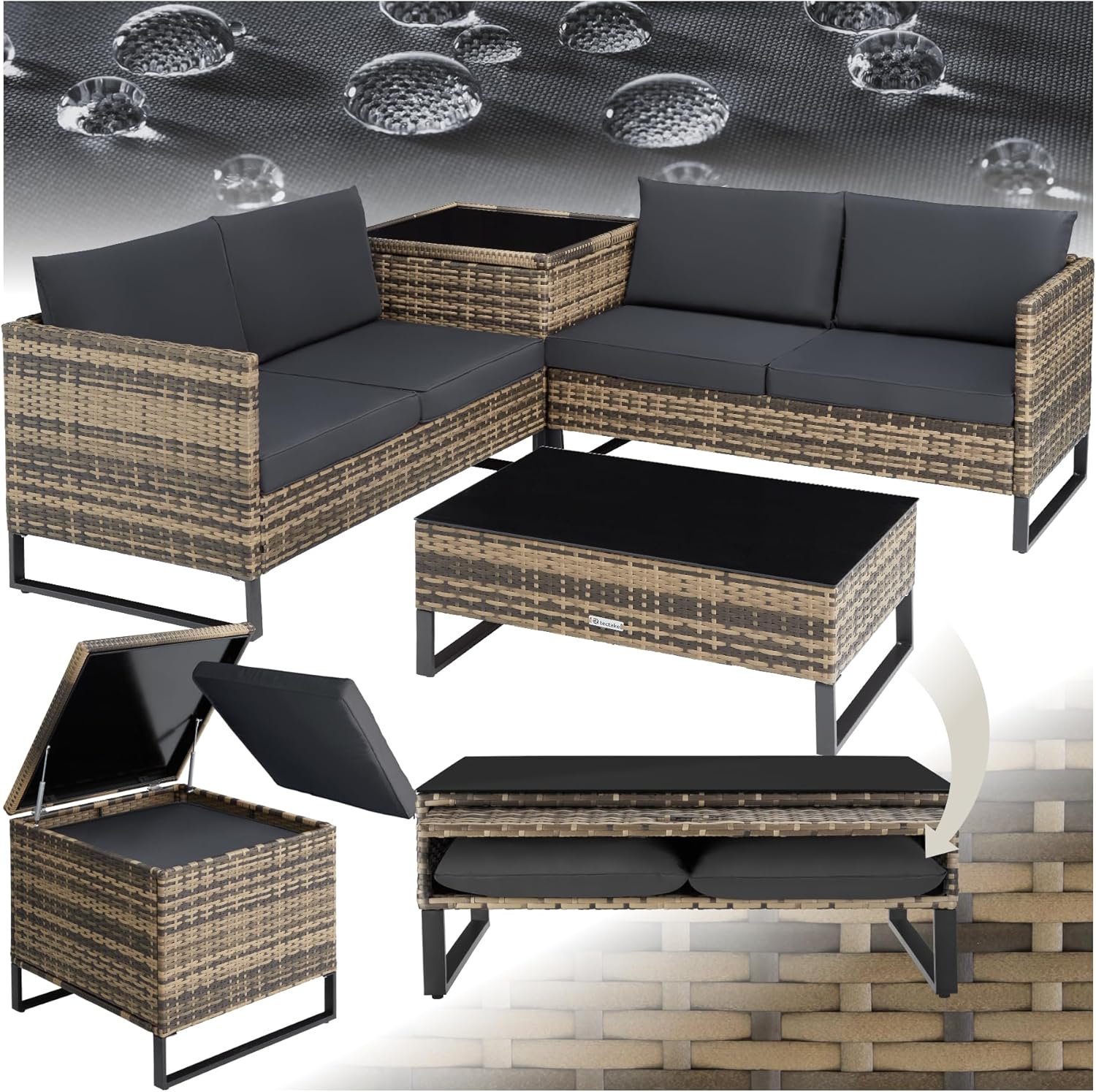 tectake - Ensemble modulable 4 places rotin, table basse, coffre, coussins