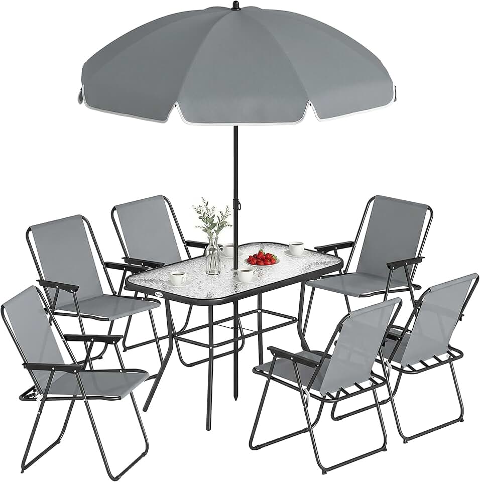 Outsunny - salon de jardin 8 pièces, table verre trempé, acier antirouille, chaises pliantes, parasol, Gris