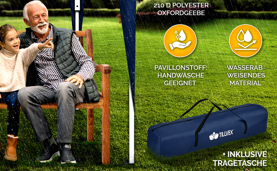avec sac de transport bleu, avec des icônes en polyester indiquant la résistance à l'eau et la lavabilité en machine