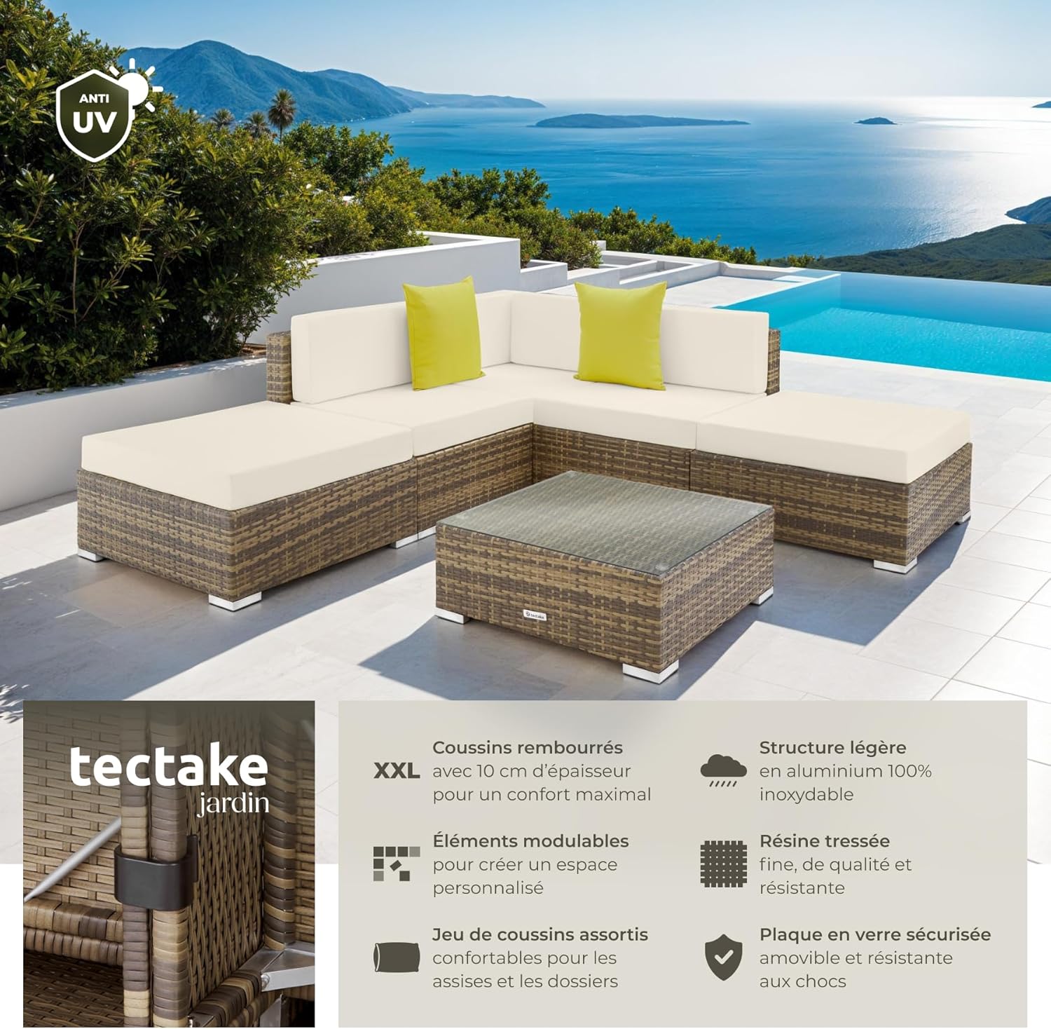 tectake - Salon jardin modulable XXL - 5 places, polyrotin, table, balcon terrasse
