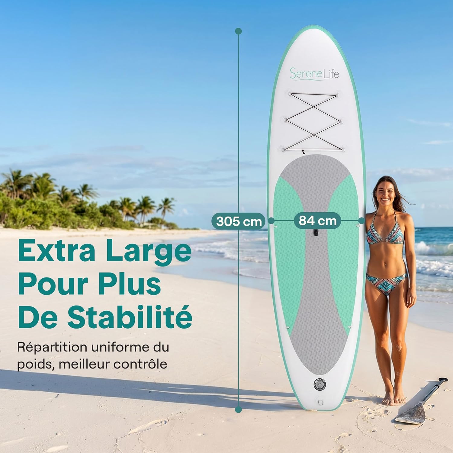 SereneLife Stand Up Paddle Gonflable Adulte 6” – Planche de Paddle avec Accessoires Sup, Sac de Transport, Pont Antidérapant, pour Mer, Lac, Rivière
