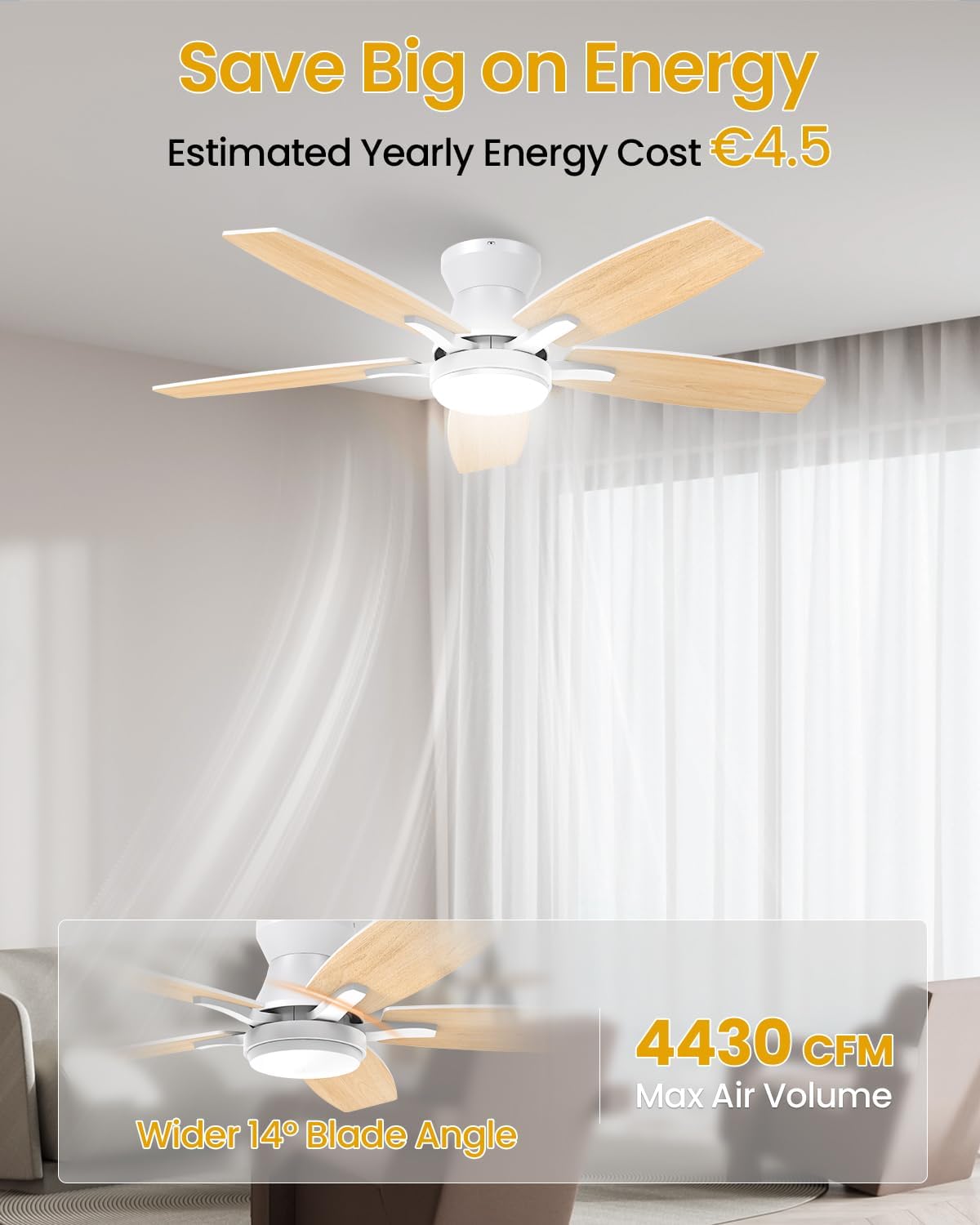 Airwit 106cm Silencieux Ventilateur Plafond avec Lumiere, Double Face Pale Lampe Ventilateur de Plafond LED avec Telecommande et Réversible DC Moteur pour Chambre Salon Cuisine, 6 Vitesses