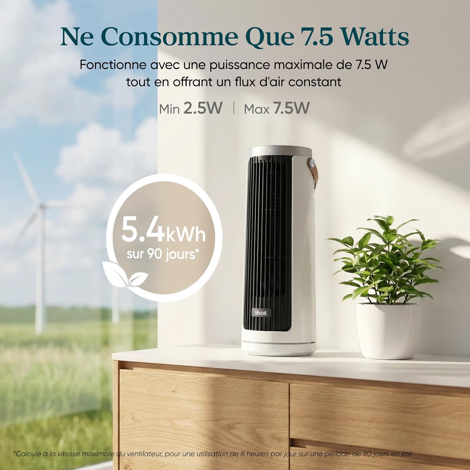 Levoit Windi Mini Ventilateur Colonne 20 dB Ultra Silencieux, Ventilateur de Table Moteur DC, Puissance jusqu'à 7 m/s, 4 Vitesses, Oscillation 90°, Minuterie 12H, Télécommande