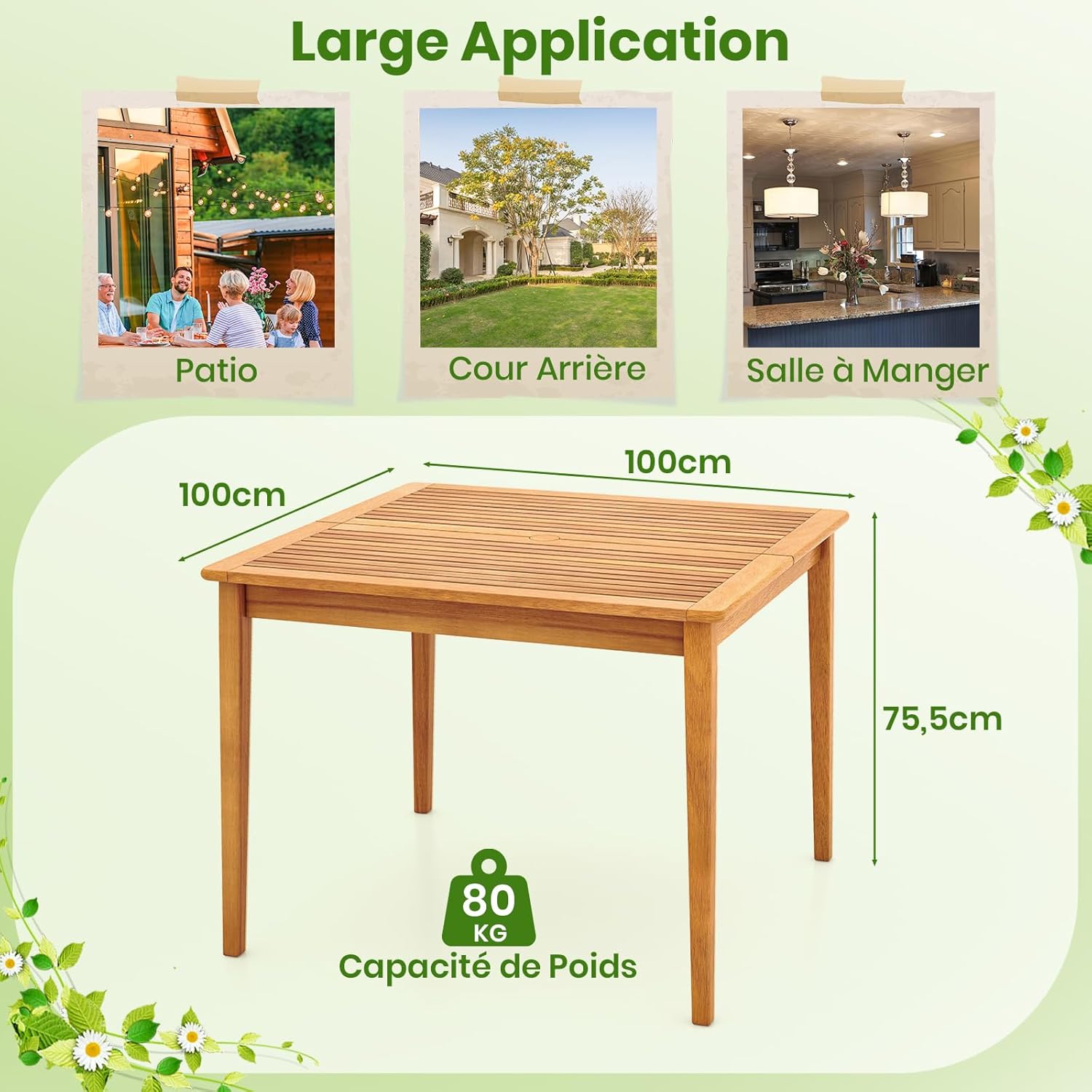 COSTWAY – Table de jardin carrée 100x100 cm – bois d’acacia, trou parasol