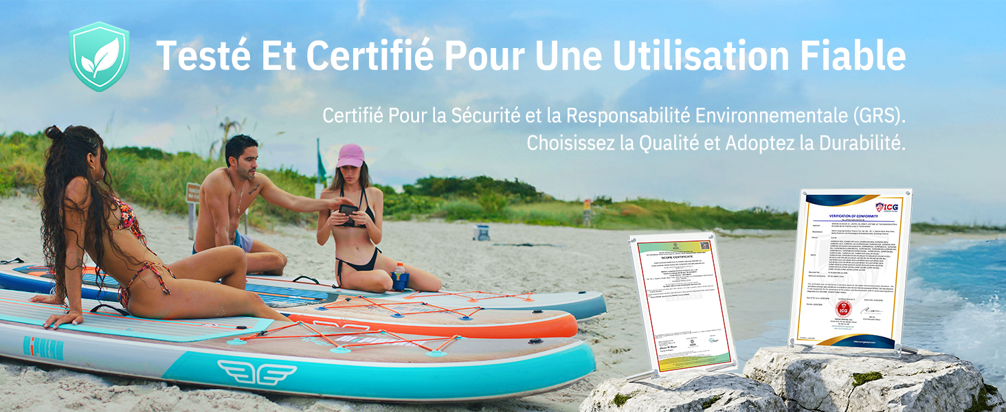 Le texte indique « Testé et certifié pour une utilisation fiable ». L'image montre des adultes et des enfants assis sur un radeau gonflable bleu sur l'eau, démontrant une utilisation récréative en plein air avec un badge de certification.