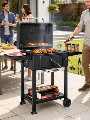 Grand barbecue au charbon de bois noir avec étagère de rangement inférieure sur roulettes, placé sur une terrasse extérieure où les aliments sont grillés et où les gens se rassemblaient.