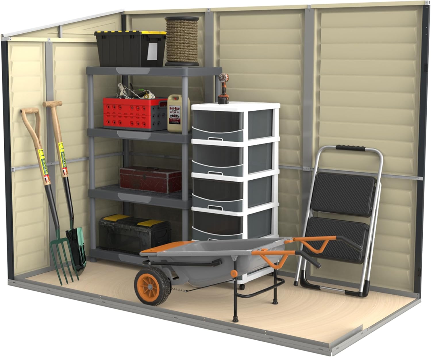 Duramax SideMate PLUS 4 x 8 (2.91 m²) abri de jardin en plastique avec kit de fondation en métal, porte réversible, structure de toit en métal robuste, abri en vinyle sans entretien, Gris foncé/ Adobe