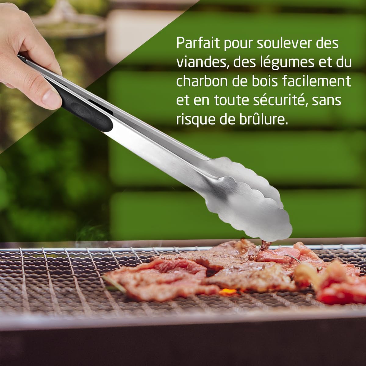 Amig - Pince à barbecue Fireplus - Accessoire de cuisine pour barbecue - Acier inoxydable - Avec poignée en caoutchouc antidérapante - Résistant à la chaleur - 34,5 cm