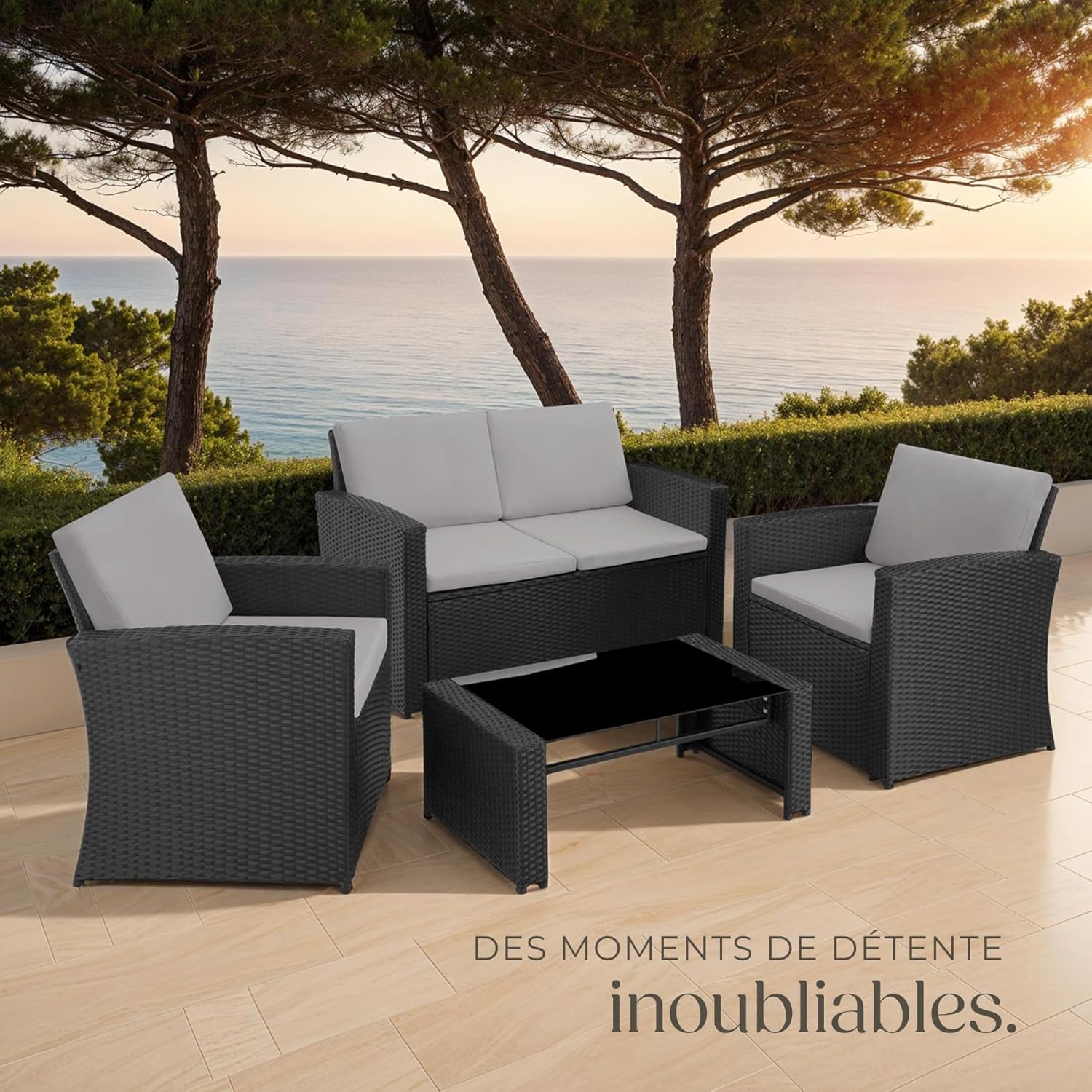 TecTake - Salon de jardin rotin 4 places - canapé, fauteuils, table, coussins confortables