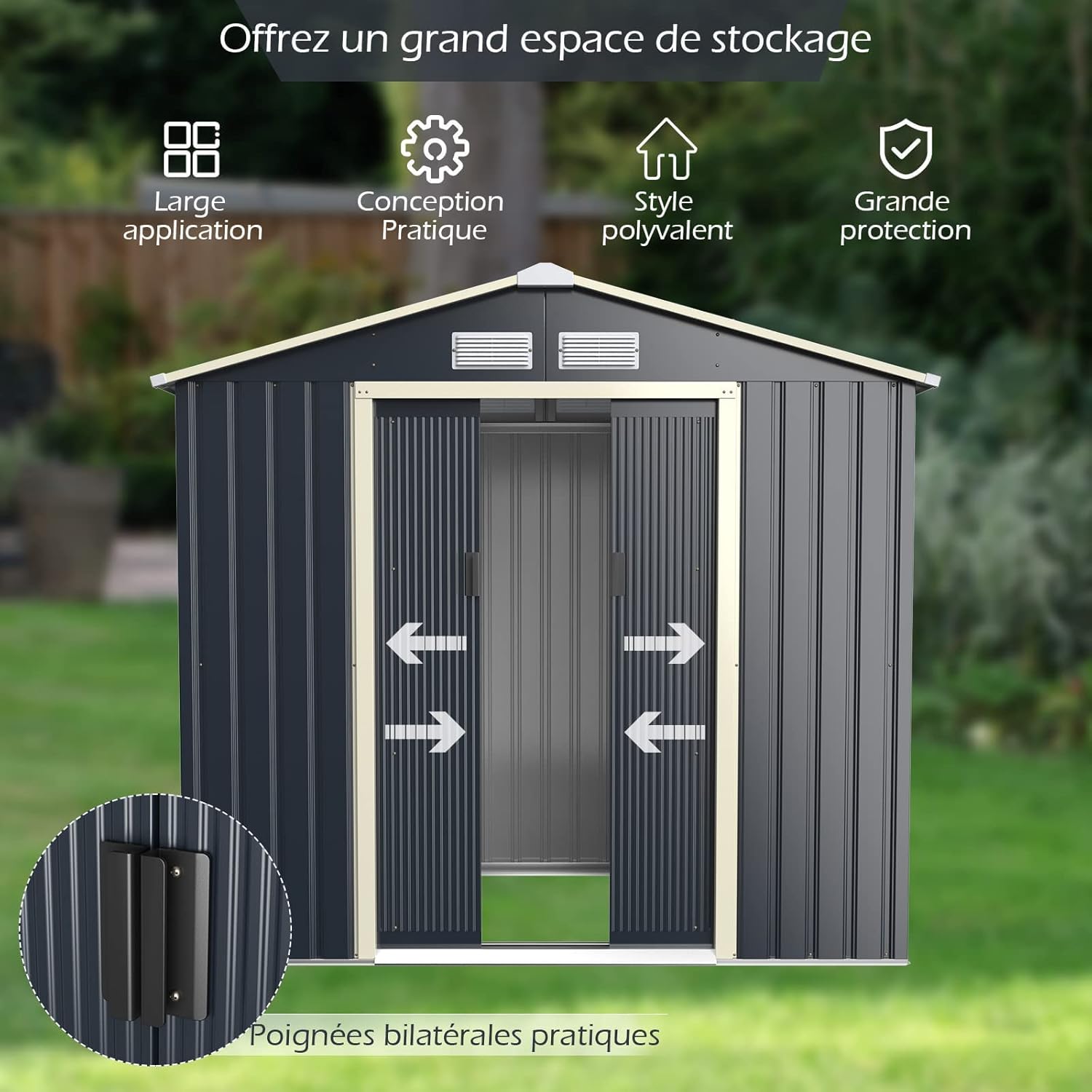 GOPLUS 3,73㎡ Abri de Jardin Métal Galvanisé, Cabine de Jardin Extérieur Portes Coulissantes, Résistant aux Intempérie, Cabane de Rangement Outils, 213 x 191 x 195 cm, Gris