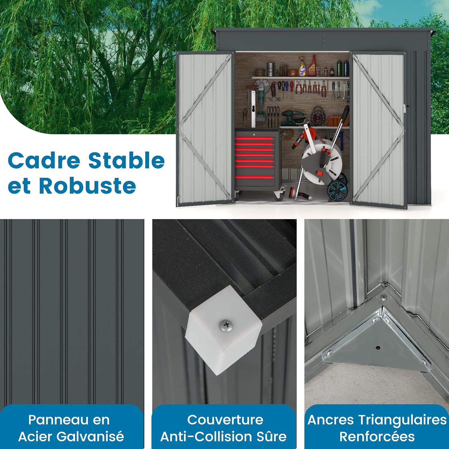 GOPLUS - abri de jardin métal - 238x119x187cm - porte, aérations, toit pente, gris