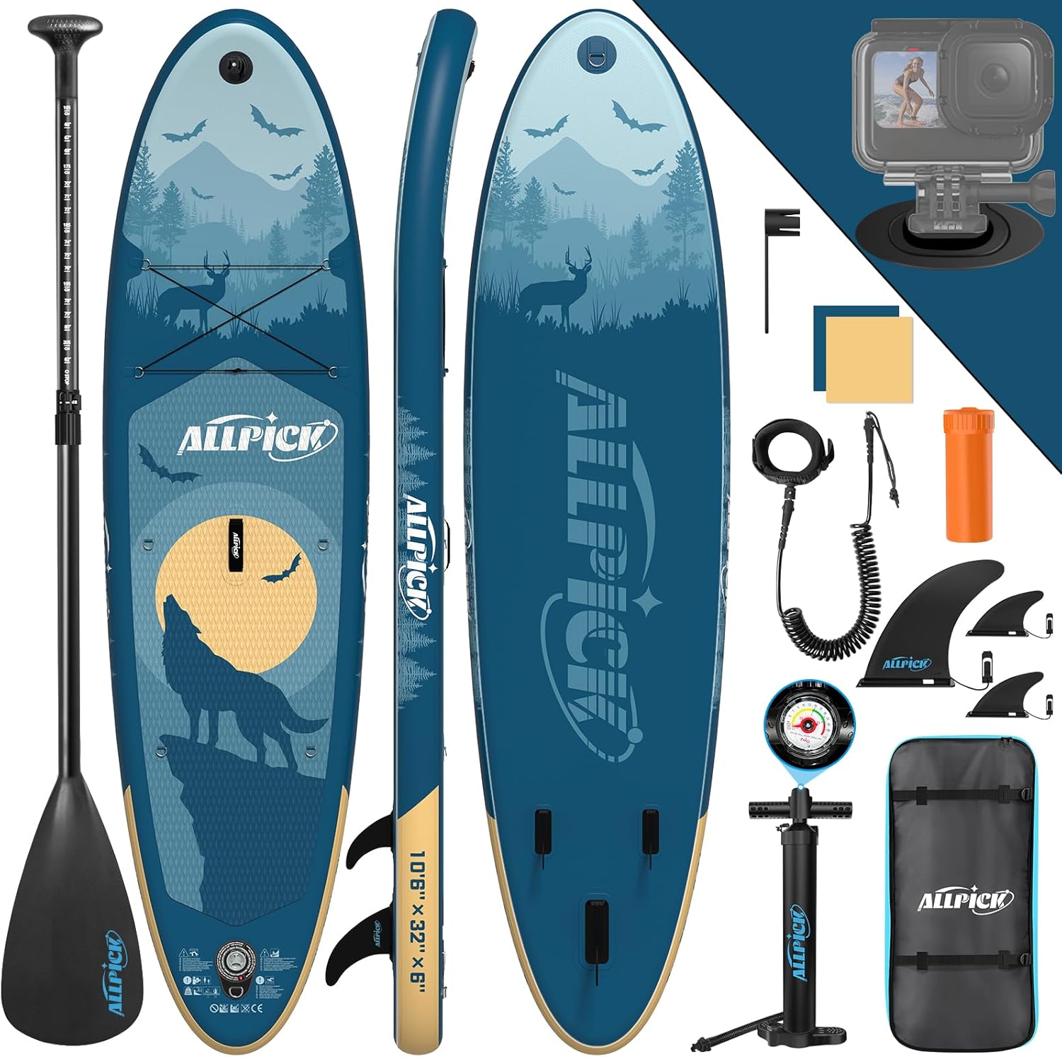 ALLPICK - paddle gonflable - 320cm - pagaie réglable, support caméra, 200kg