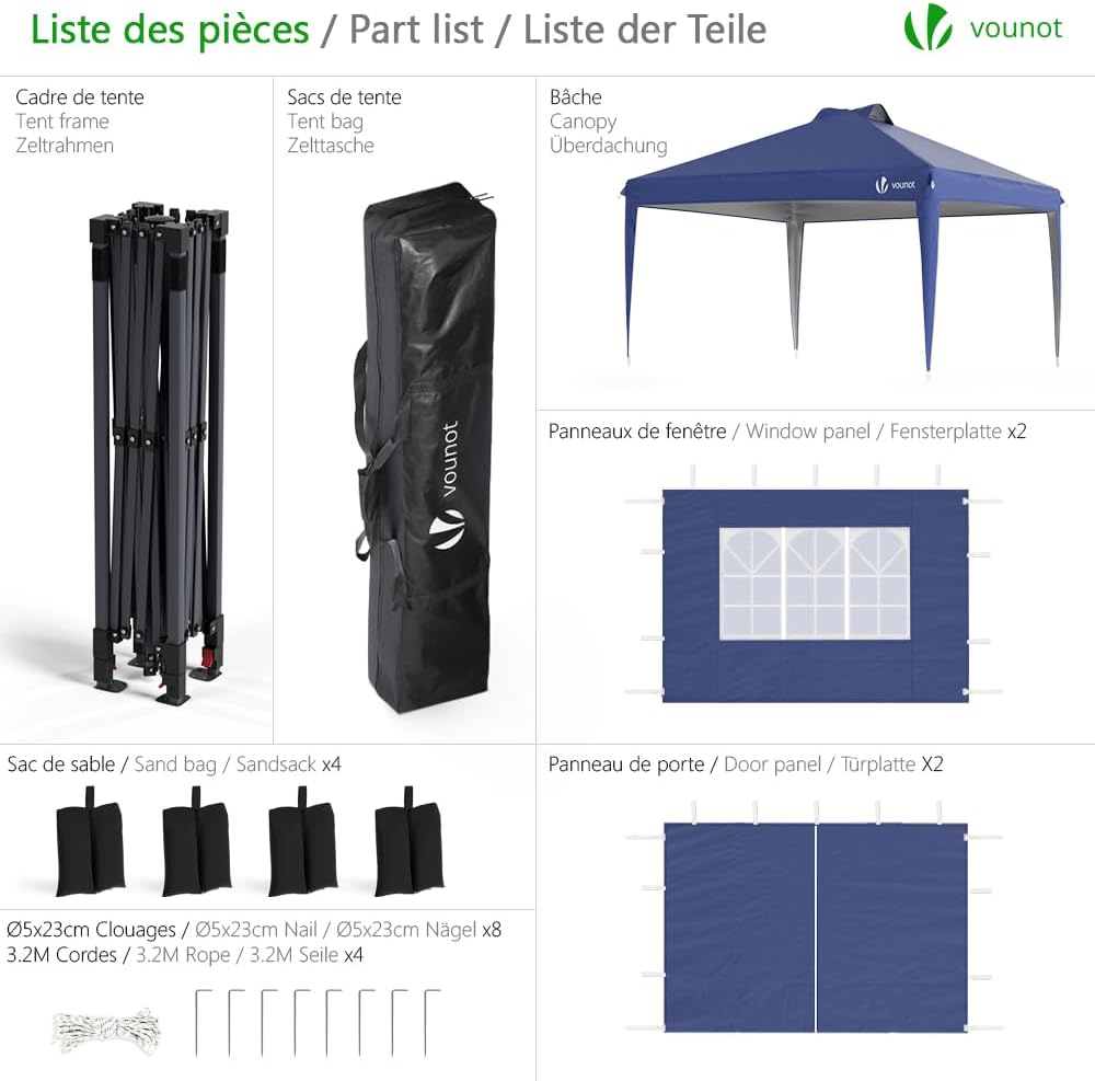 VOUNOT - tonnelle pliante 3x3m - imperméable, anti-UV, réglable