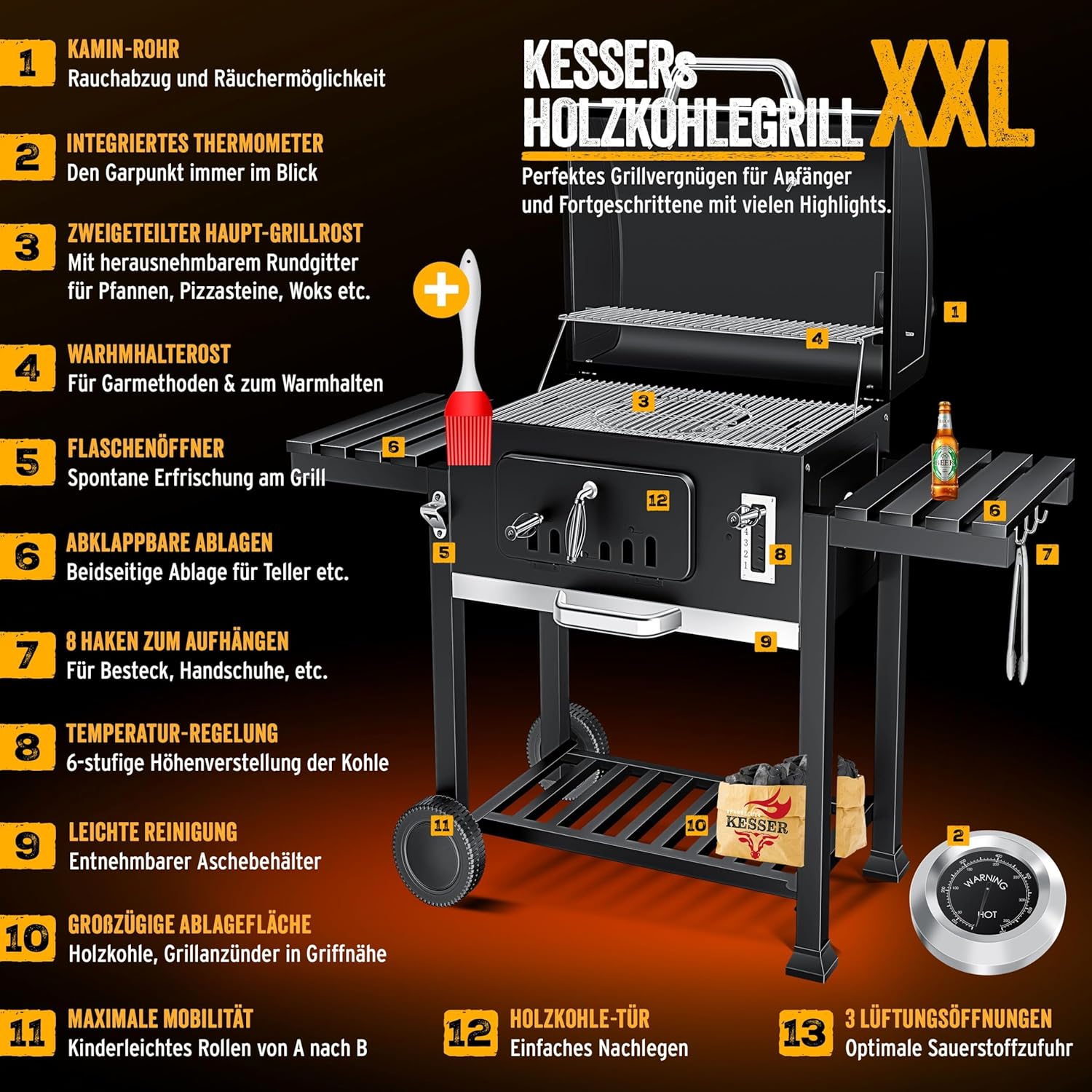 KESSER - Chariot à Barbecue XXL - grill charbon, couvercle, roues, inox, thermomètre