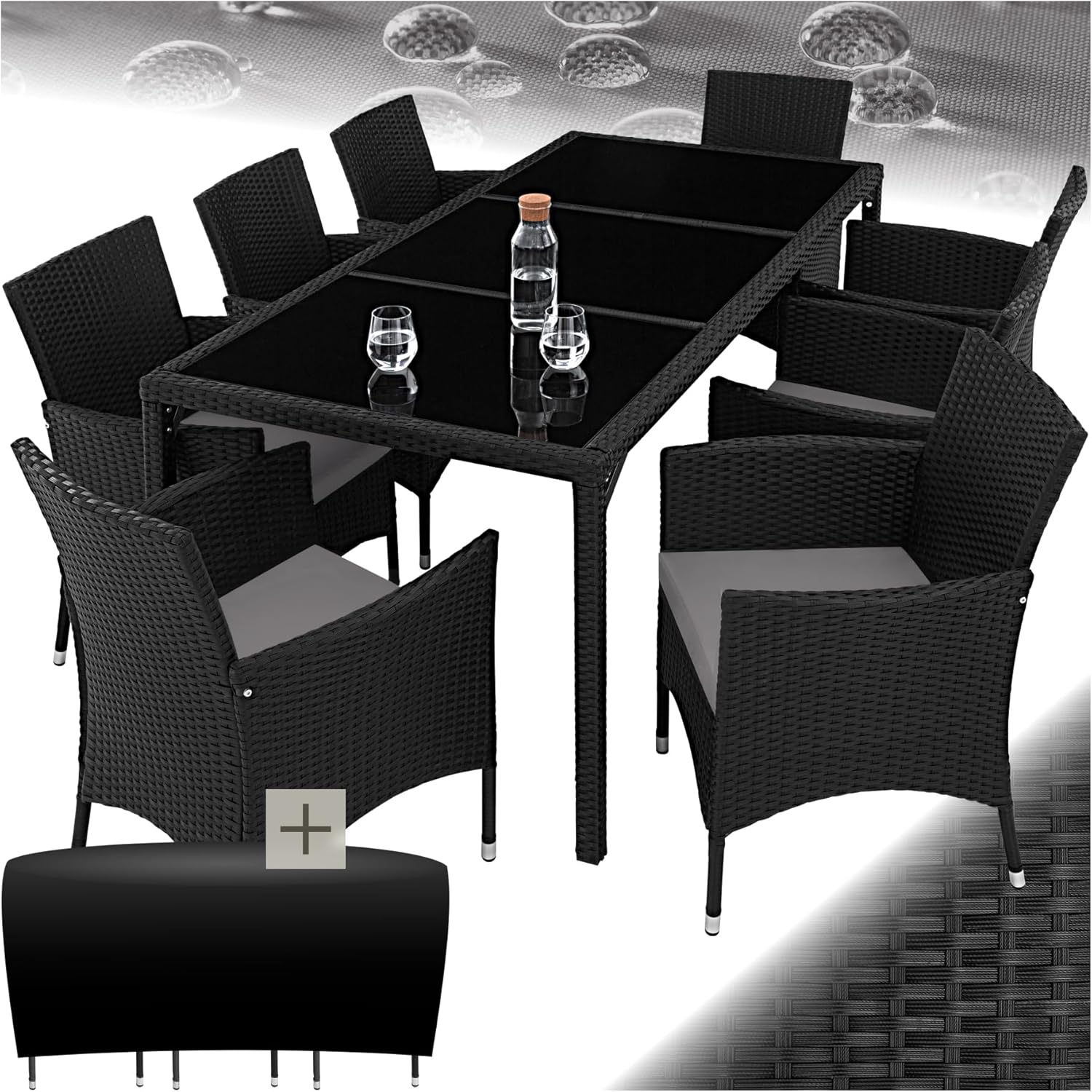 tectake - Salon de jardin 8 fauteuils résine tressée - table, housse, noir/gris