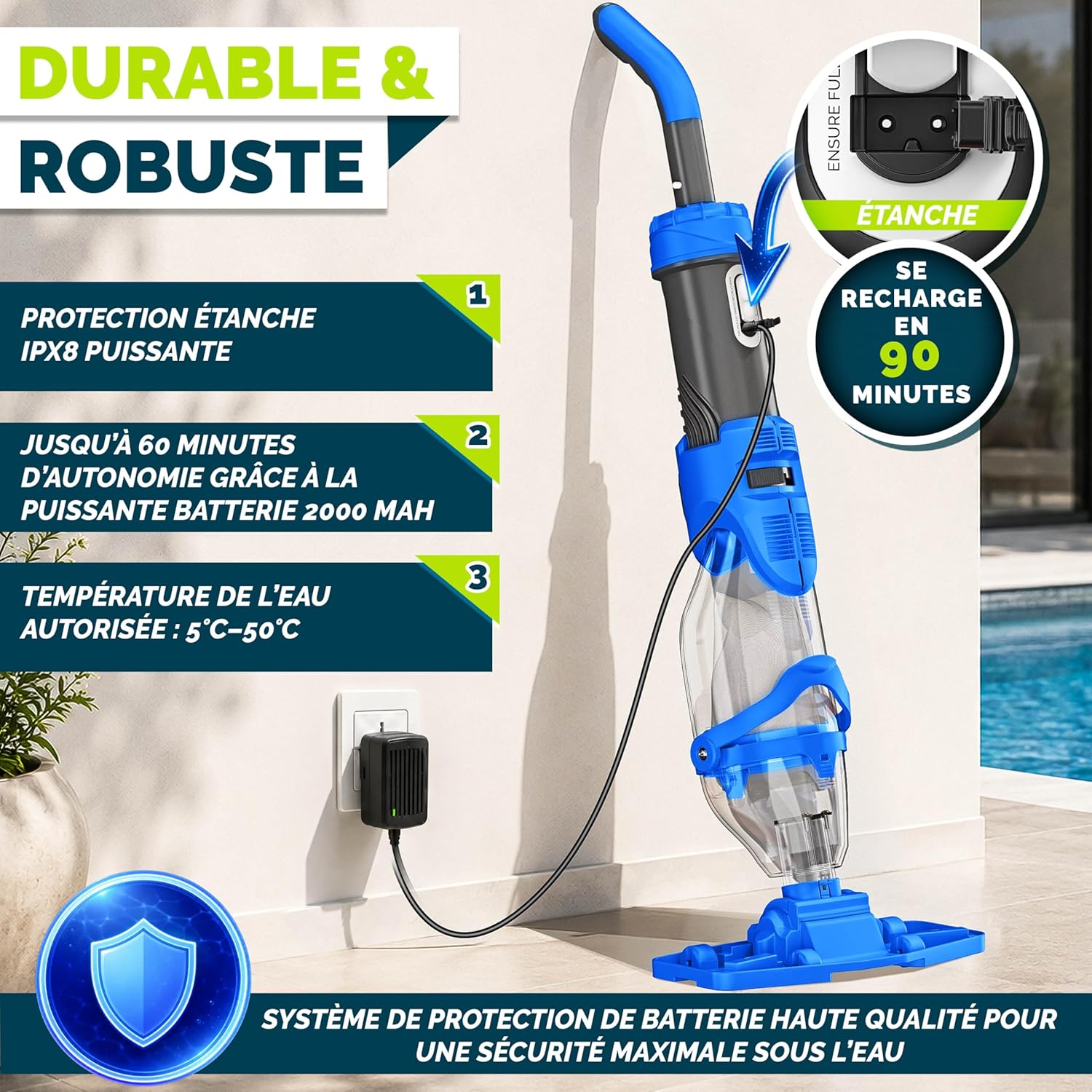 tillvex - Aspirateur piscine électrique - manche télescopique, filtre, autonomie 60min