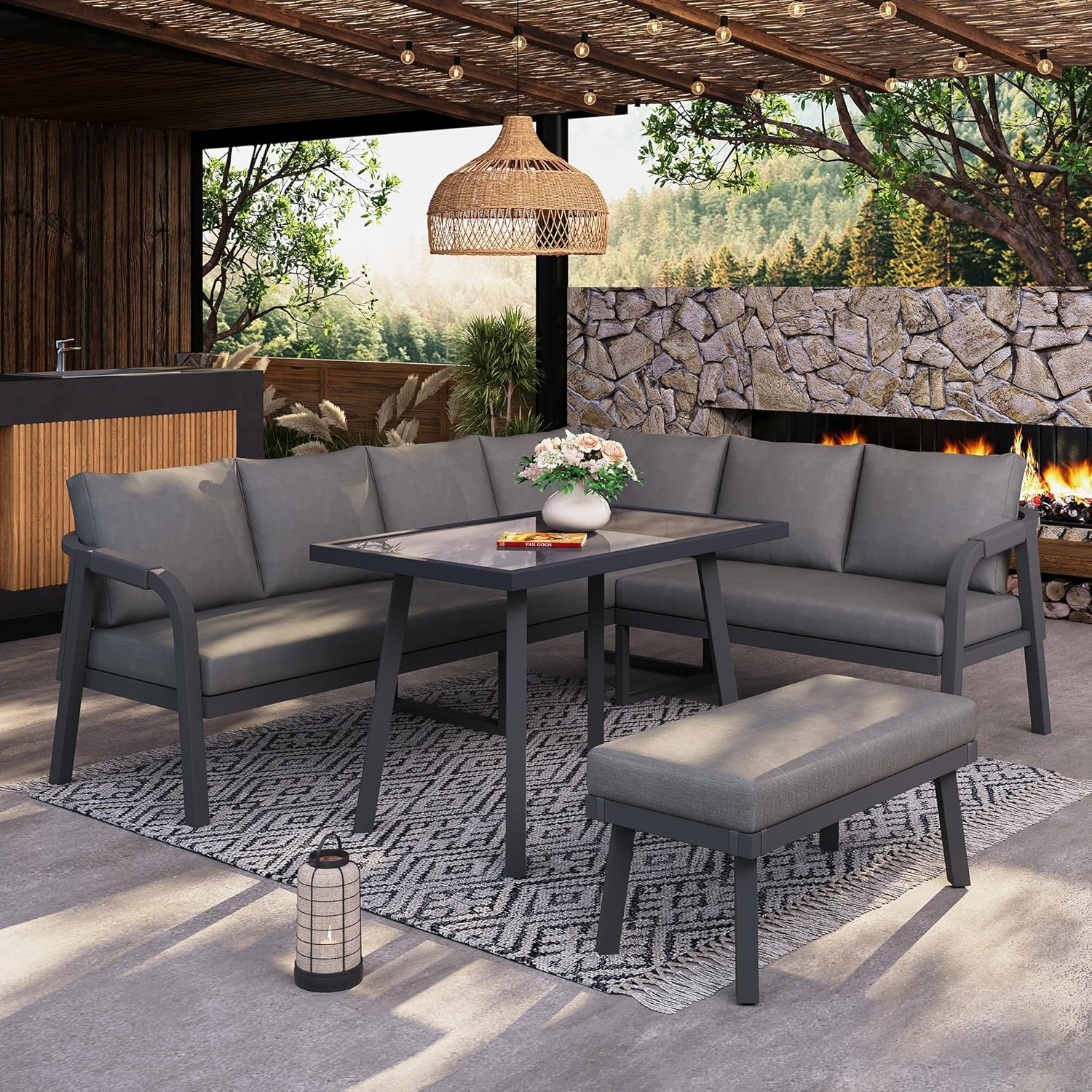 Sapgaks - Salon de jardin 8 pers. angle acier tressé - N-Gris