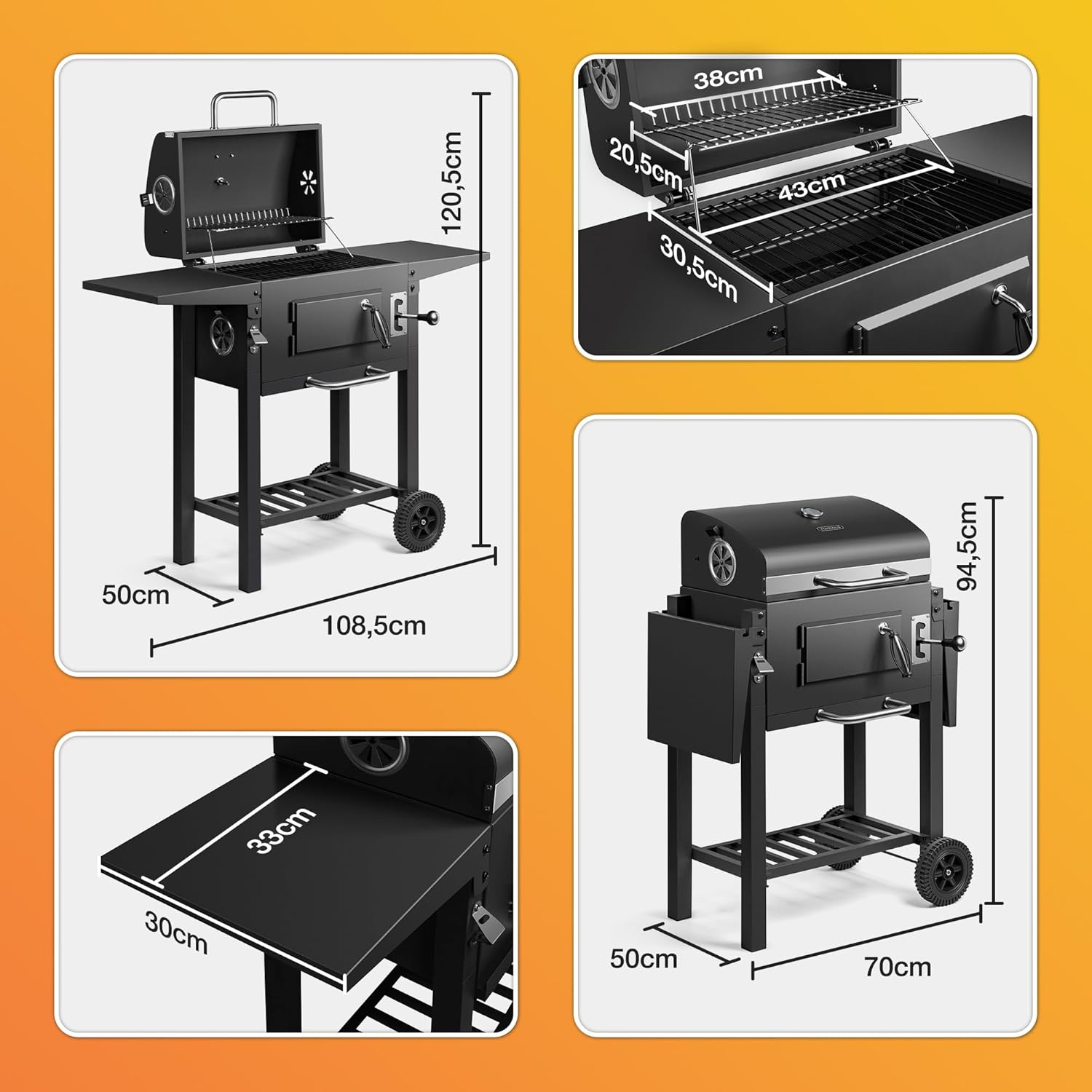 VonHaus - Barbecue charbon portable - hauteur réglable, grilles, roulettes, tables latérales, étagère - 78x40x90 cm