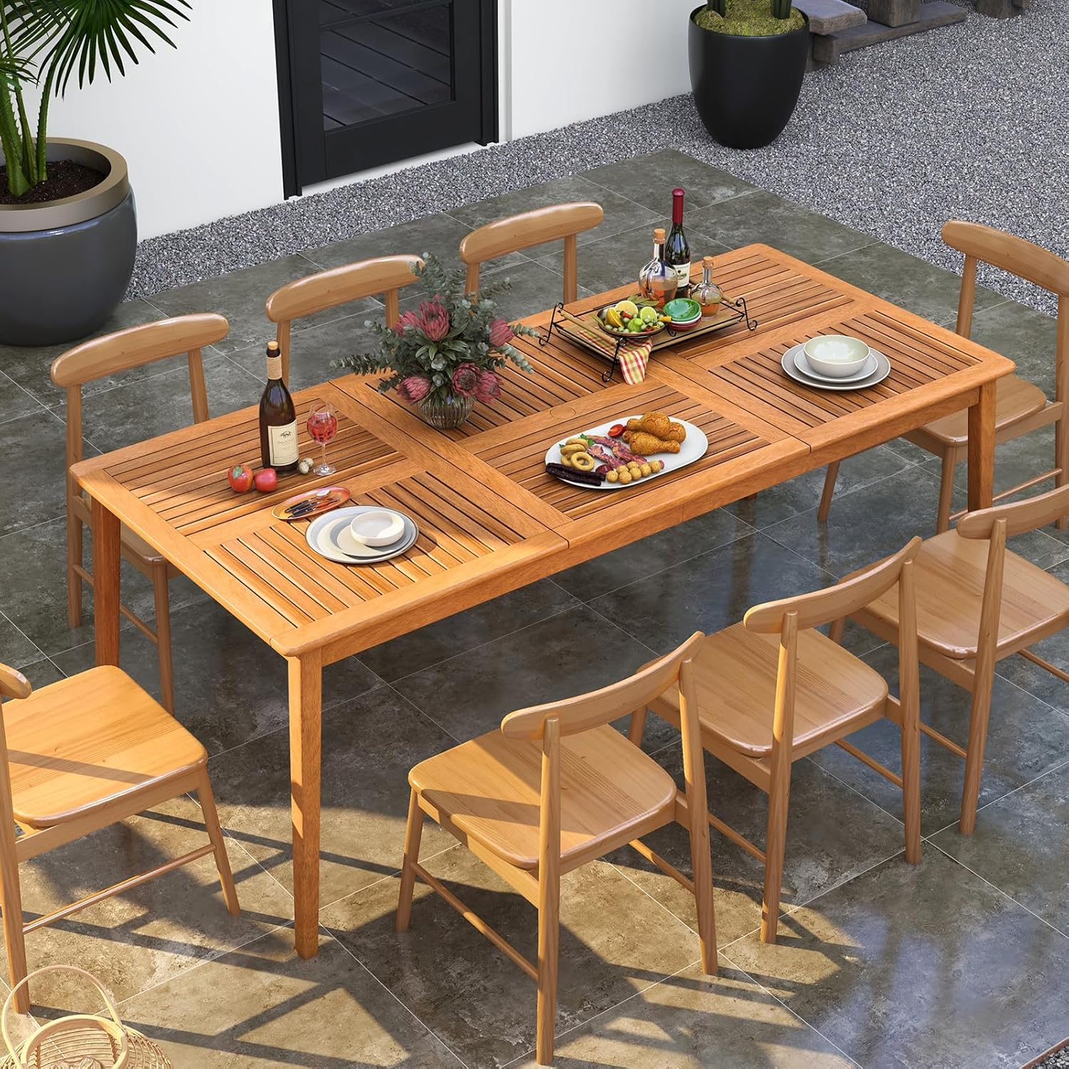 GOPLUS - table repas extérieur Acacia FSC 90x200cm, 8 places, trou parasol, charge 160kg