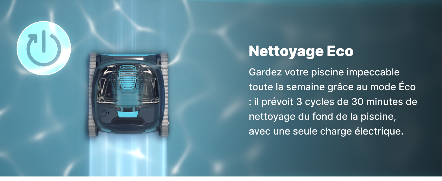 Le texte indique « Nettoyage Eco » avec un écran d'interface bleu affichant l'icône du mode de nettoyage de la piscine. Un texte supplémentaire décrit un cycle de nettoyage écologique de 50 minutes en français.