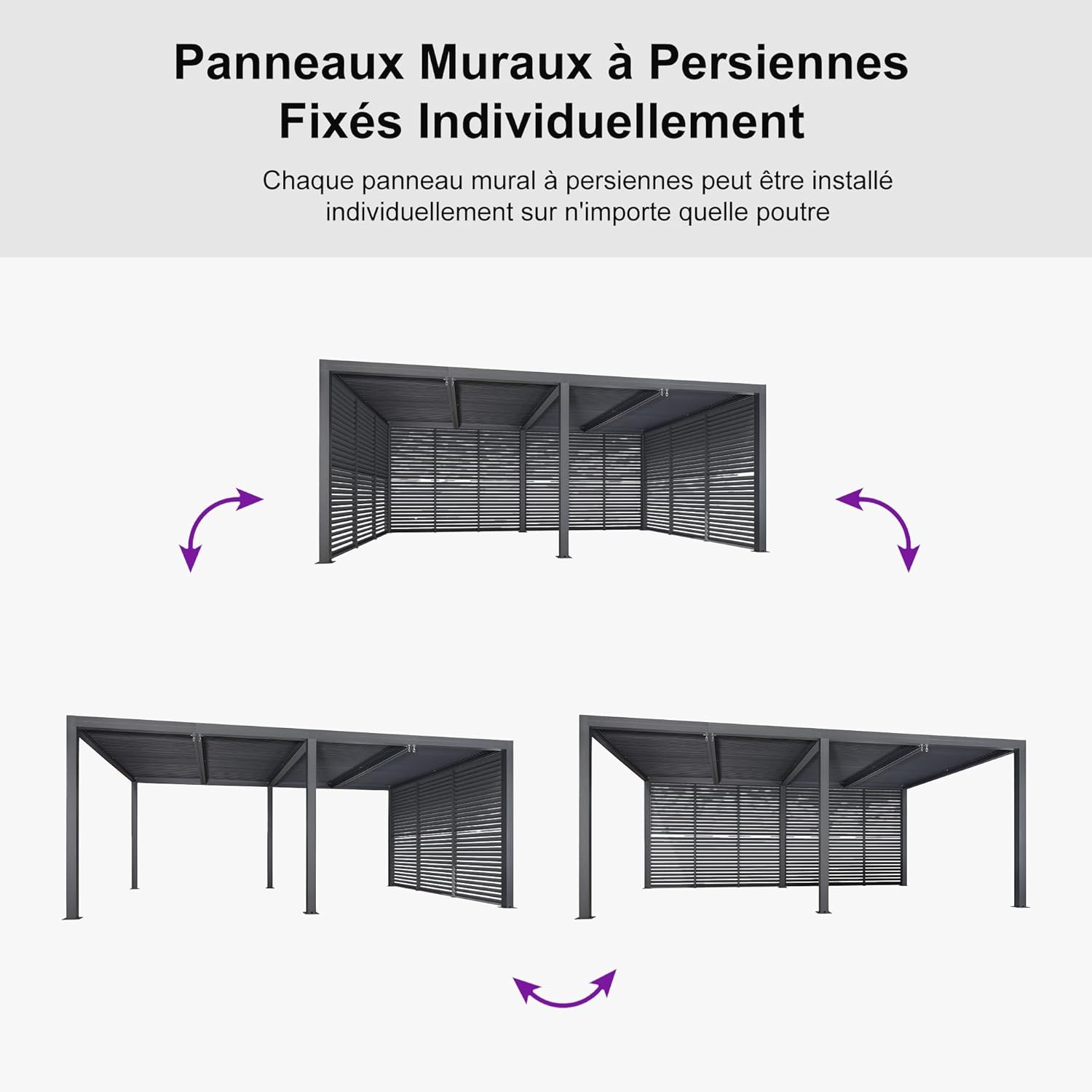 PURPLE LEAF - Pergola bioclimatique 6x3,68m alu, lames orientables, persienne fixe