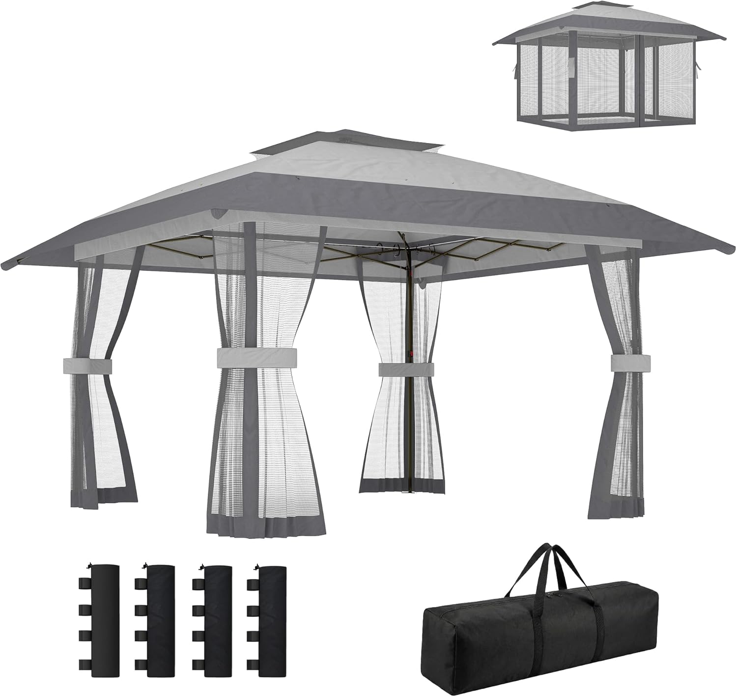 Outsunny Tonnelle de Jardin 4 x 4 m Pop up Tente Pliante réglable en Hauteur Protection UV30+ tonnelle Pliante avec Double Toit 4 parois en Maille 4 Sacs de Sable Sac de Transport Montage Facile Gris