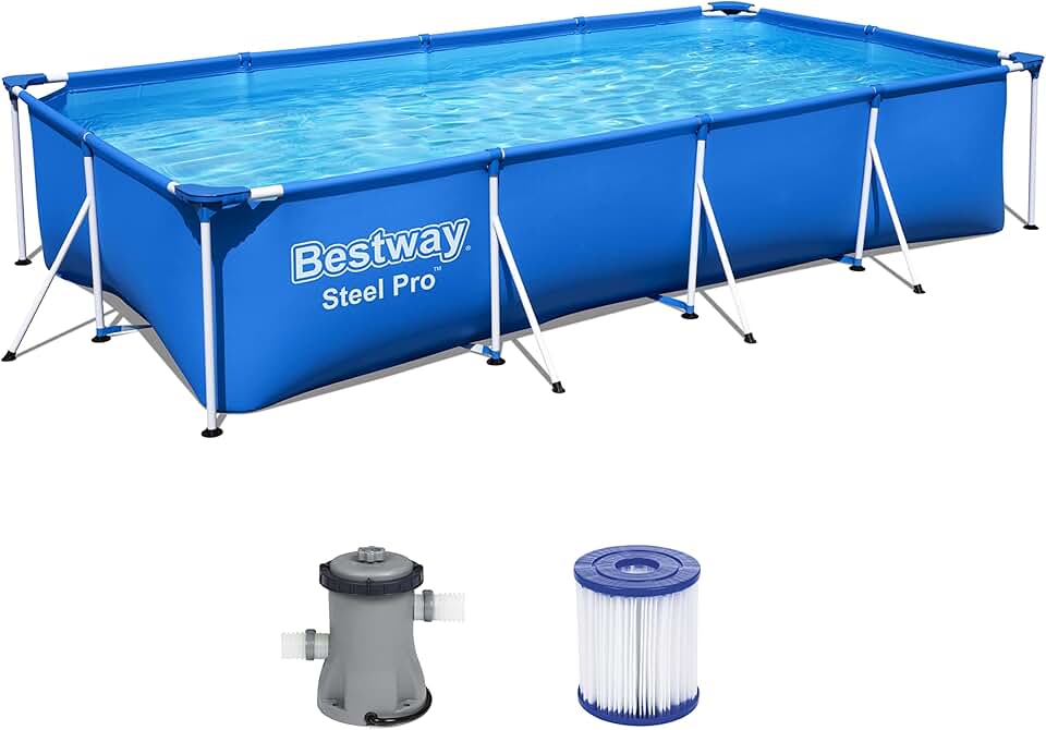 Bestway – Steel Pro – Piscine rectangulaire pour Enfant – avec Cadre en Acier et Pompe filtrante Piscine pour Enfant. 400 x 211 x 81 cm Bleu