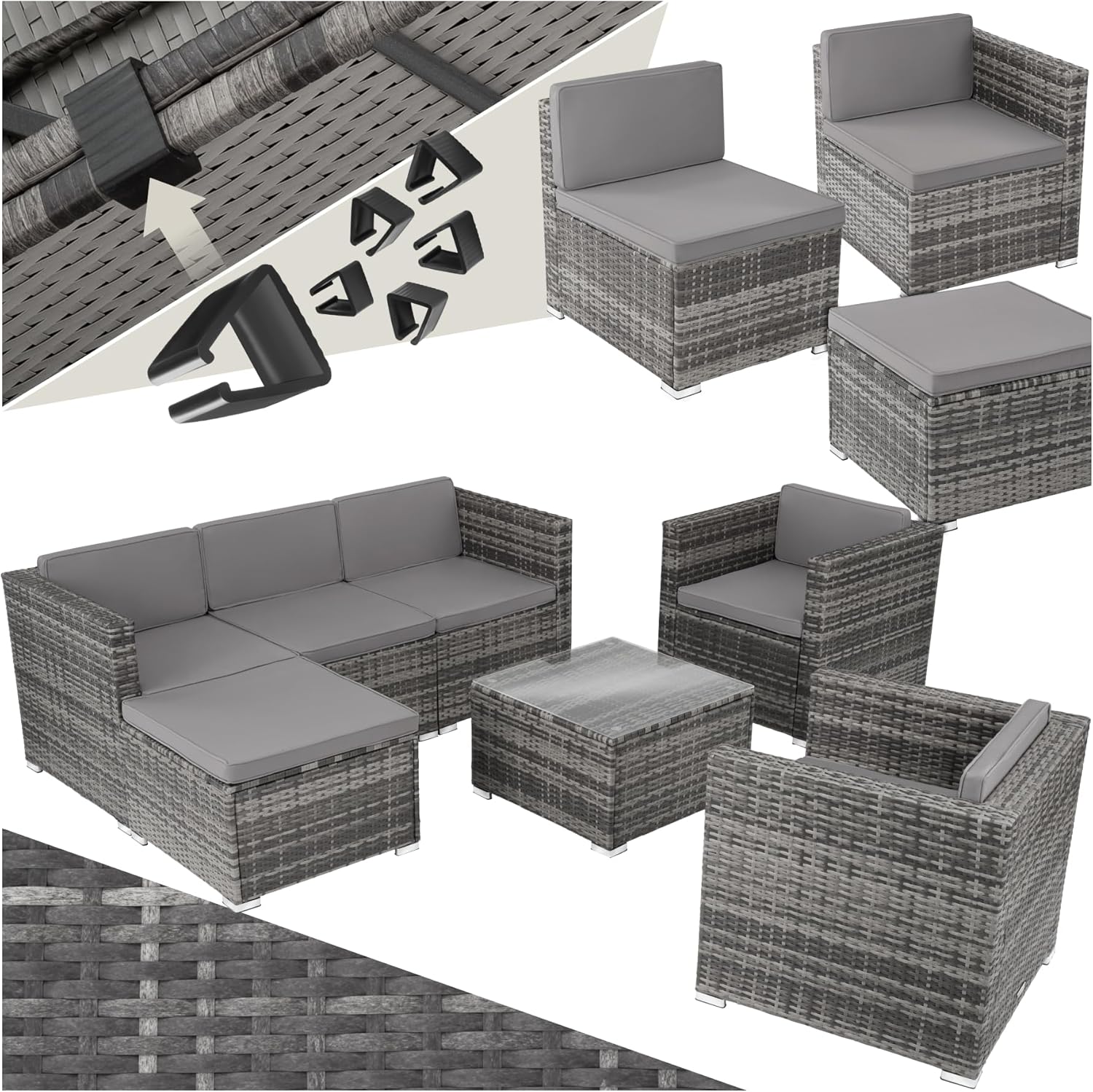 tectake - Salon de jardin modulable 7 places, poly rotin, coussins inclus