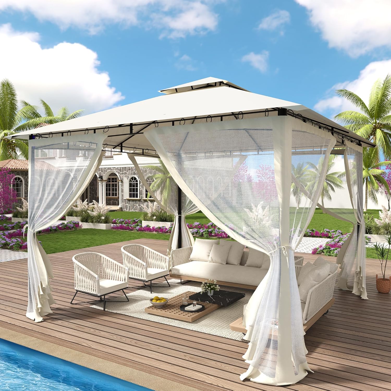 UDPATIO - tonnelle double toiture 3.4x3.4m, moustiquaire, métal solide, UDPATIO