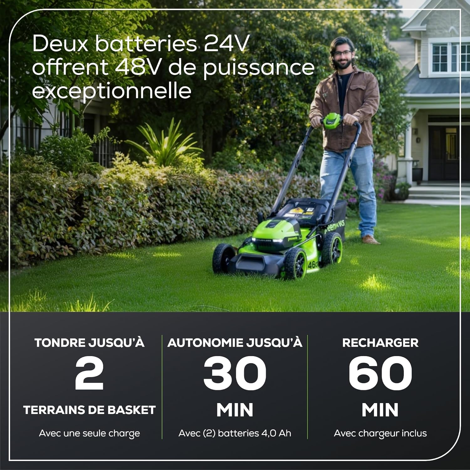 Greenworks 48V (24V x 2) Tondeuse Gazon Batterie sans Fil Autopropulsée, Largeur de Coupe 46cm, Sac 55L, Tondeuse Electrique Gazon Inclus 2 X 24V 4Ah et Chargeur Double, Garantie 3 Ans, MO48L424-01