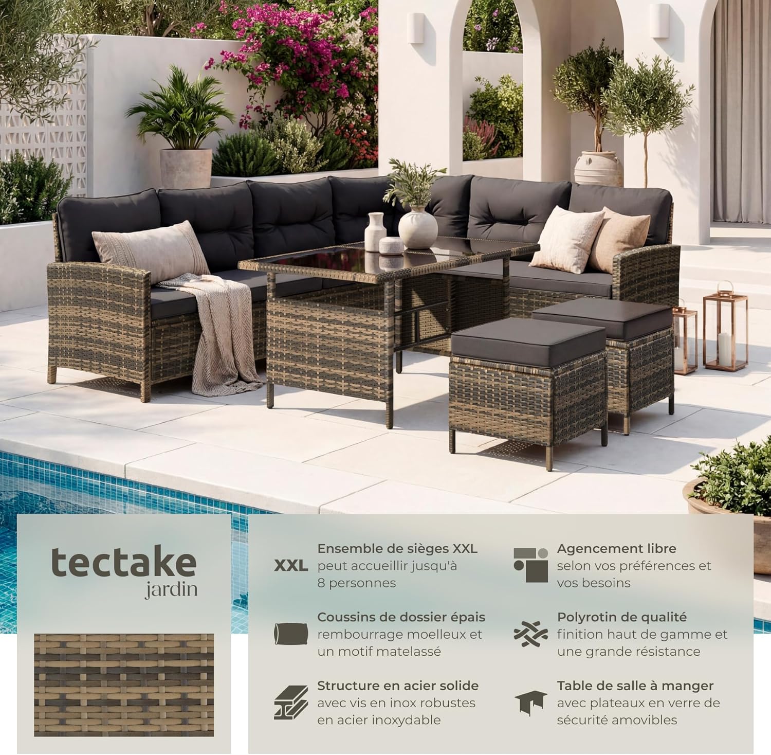 tectake - Salon de Jardin Modulable Angle - rotin - coussins inclus