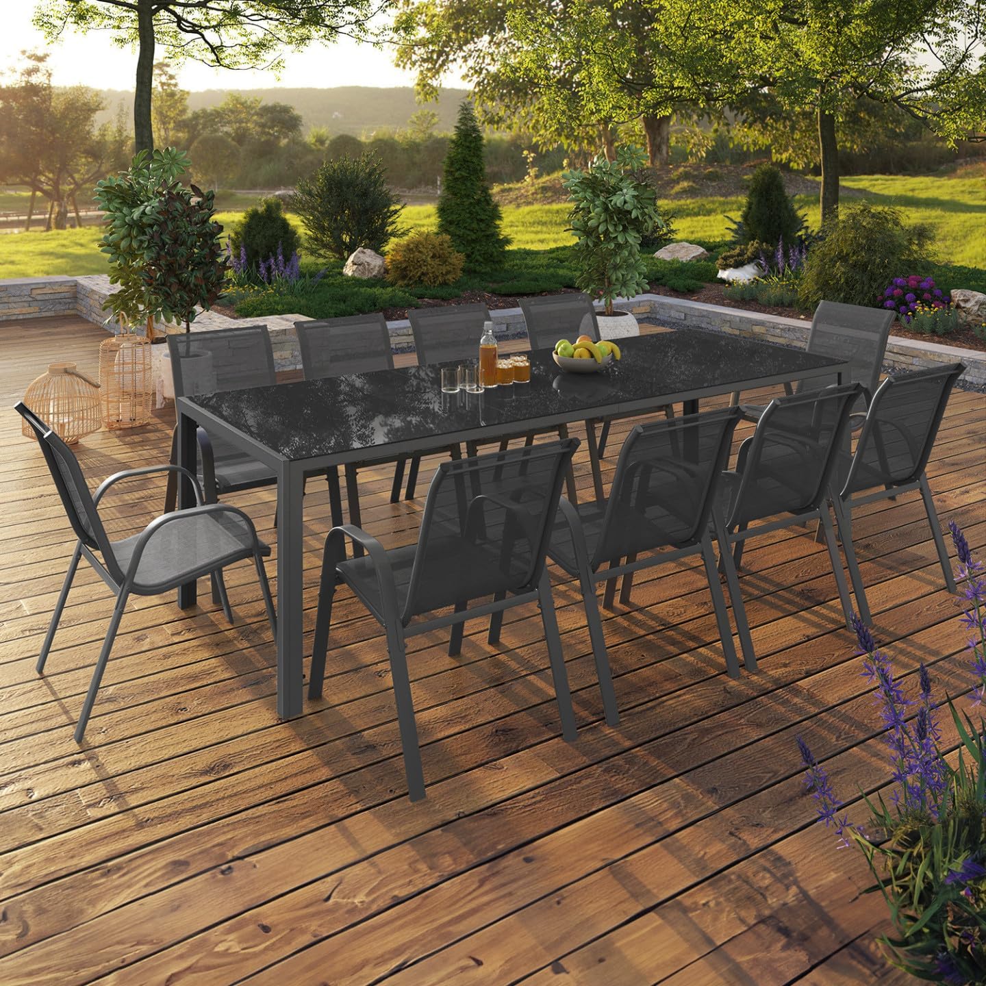 IDMarket - Madrid série - Table 240cm, 10 chaises empilables, gris anthracite