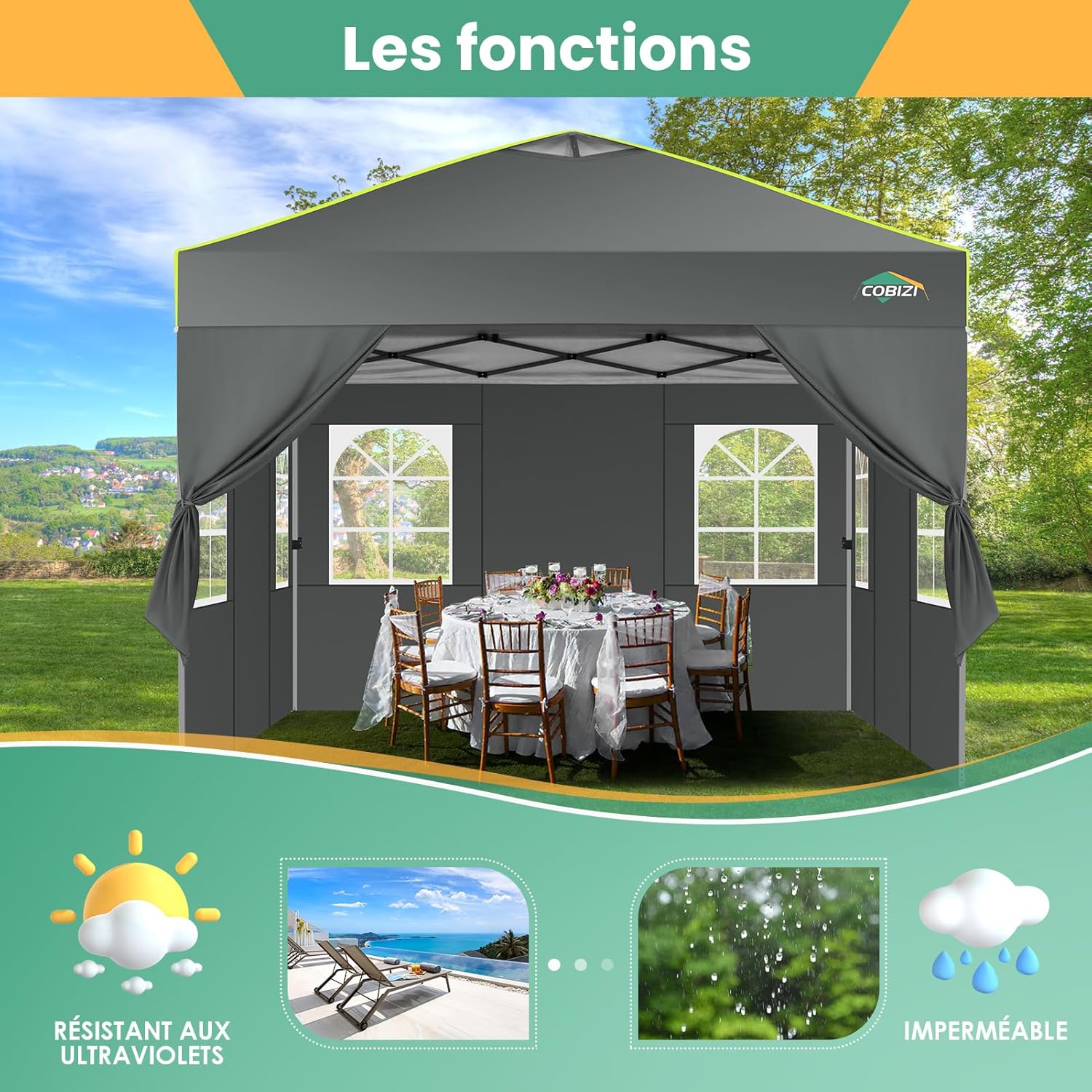 COBIZI - Tonnelle pliante série UV 50+ - 3x3m - verrouillage central, bandes fluorescentes, 4 parois