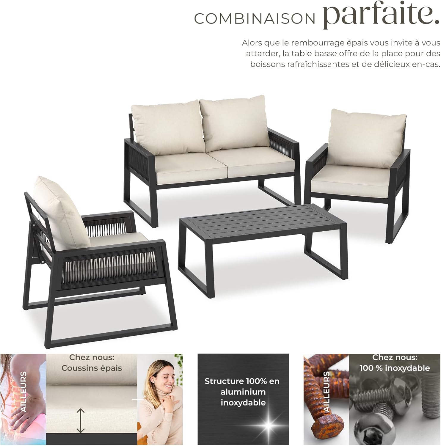 tectake - Salon jardin alu 4 places, canapé, fauteuils, table, coussins inclus