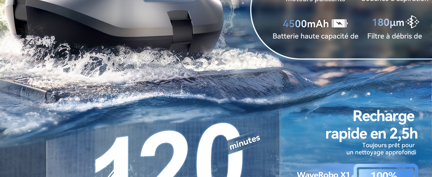 Le texte indique « Recharge rapide en 2,2 h ». L'image montre ce qui semble être une bannière promotionnelle avec un paysage montagneux hivernal pittoresque en arrière-plan.