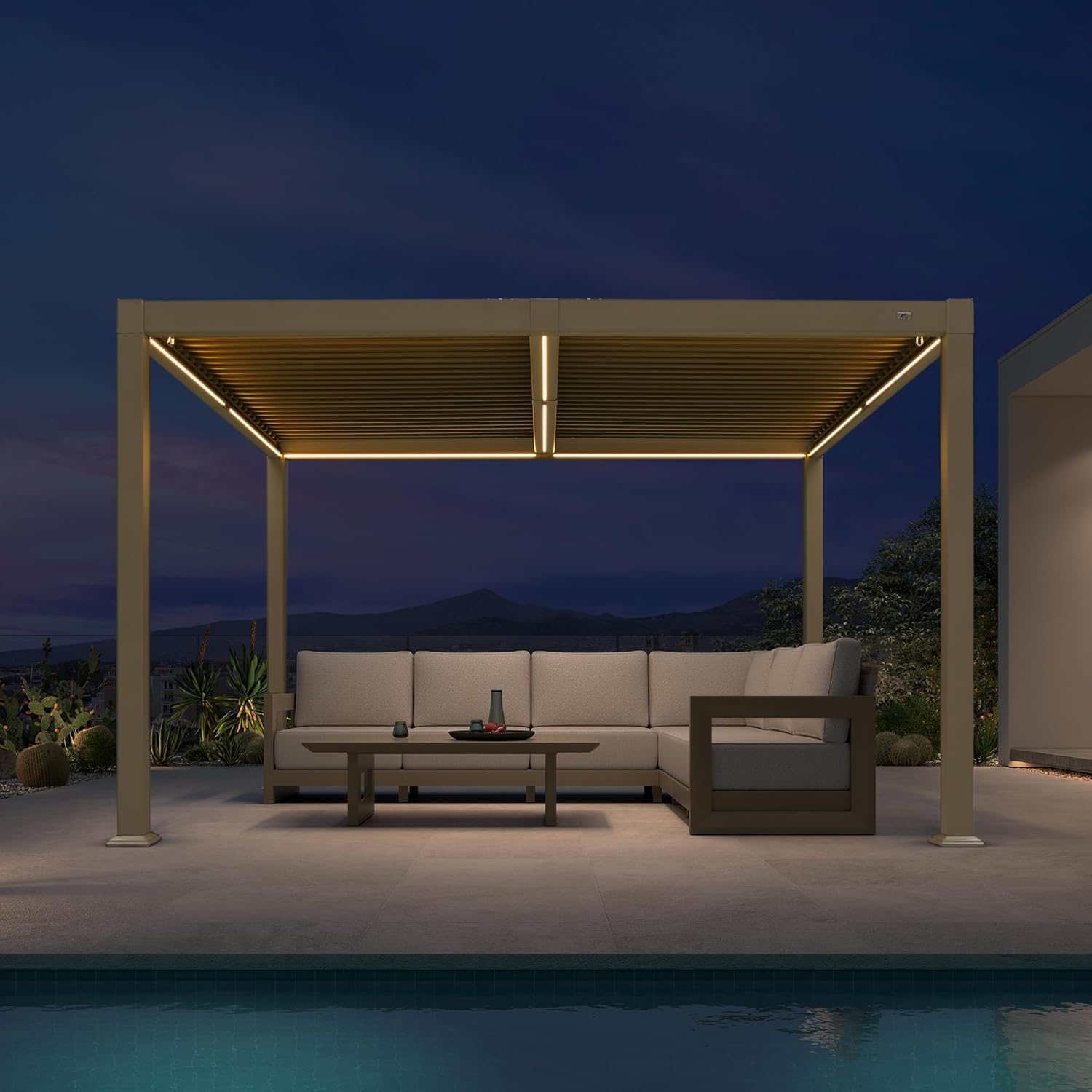 PURPLE LEAF - Pergola bioclimatique - 3x3,65m - LED, alu, lames orientables, étanche, anti-UV