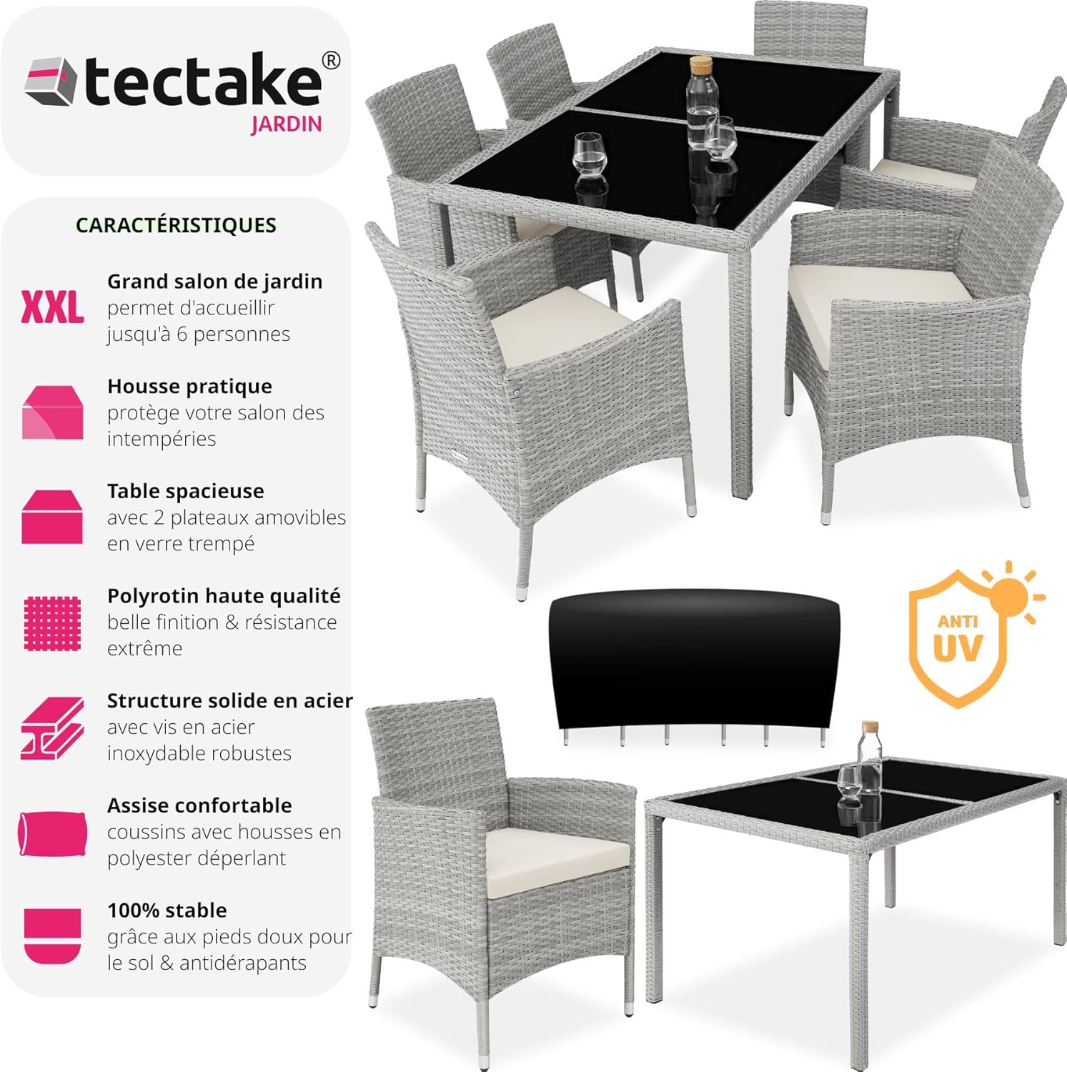 tectake - Salon jardin poly rotin, table et 6 chaises, UV, gris clair/crème