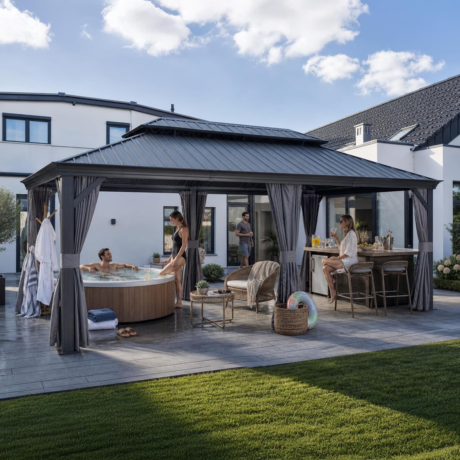 PURPLE LEAF - Pergola double toit acier - 6x3,65m - moustiquaire, rideaux, gouttière, poteaux renforcés