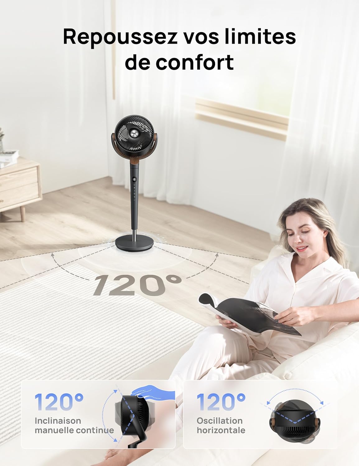 DREO ventilateur sur pied très silencieux avec télécommande, ventilateur grand format 20 dB avec moteur CC, oscillation 120°, 3 modes, hauteur réglable 94–107 cm, ventilateur de sol TurboPoly 512