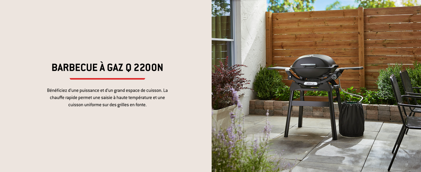 Le texte indique « BARBECUE À GAZ Q 2200 ». Terrasse extérieure avec barbecue à gaz sur fond de clôture en bois.