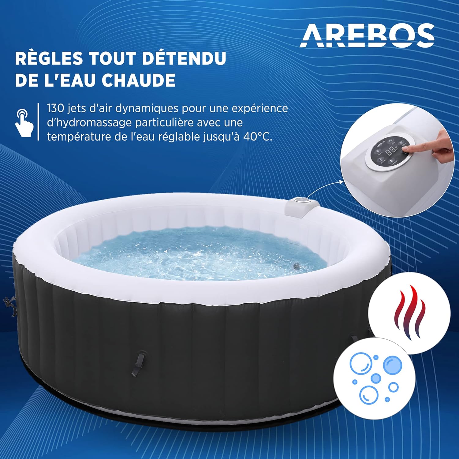 Arebos - spa gonflable rond 208 cm - 6 pers, 130 jets, 1000L, chauffage